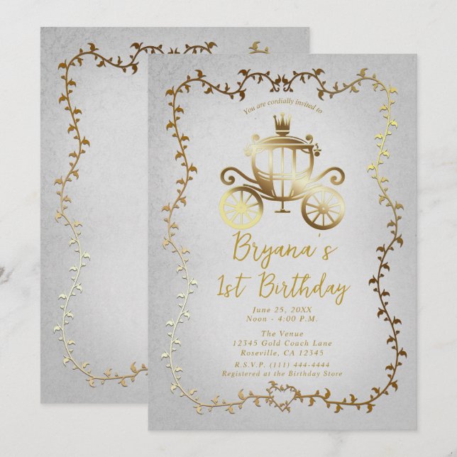 Elegant Gold Carriage White Storybook 1st Birthday Invitation (Front/Back)