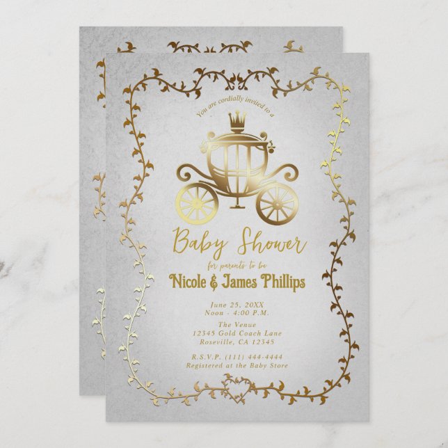Elegant Gold Carriage White Storybook Baby Shower  Invitation (Front/Back)