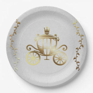 Elegant Gold Carriage White Storybook Royal Paper Plate