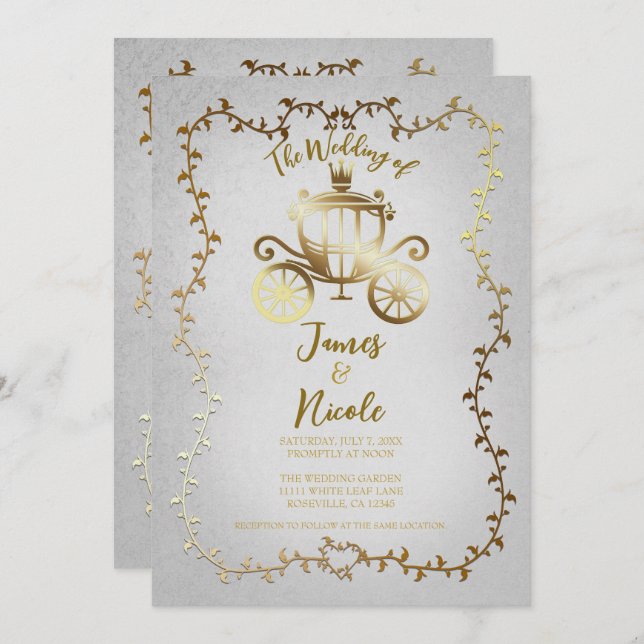 Elegant Gold Carriage White Storybook Wedding Invitation (Front/Back)