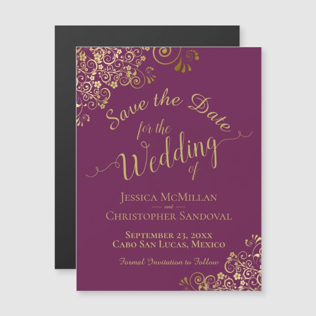 Elegant Gold Cassis Purple Save the Date Magnet (Front/Back)