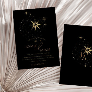 Elegant Gold Celestial Stars Black Wedding Invitation