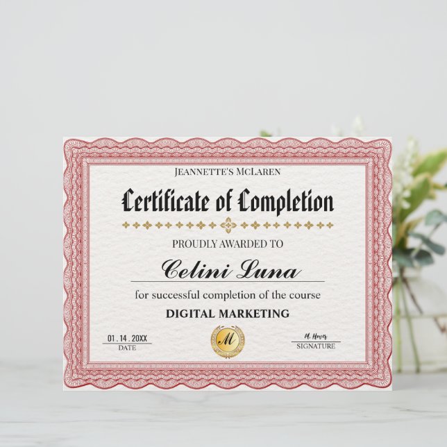 Elegant Gold Certificate of Completion – Modern  (Standing Front)
