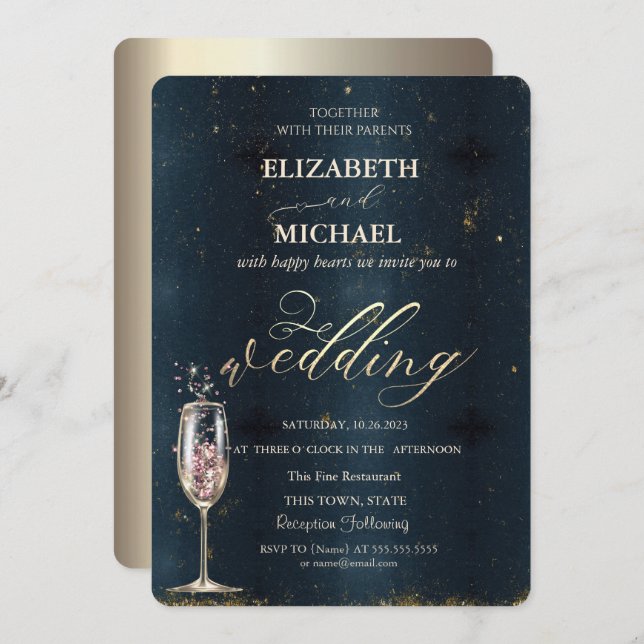 Elegant Gold Champagne Glass Dark Blue Wedding Invitation (Front/Back)