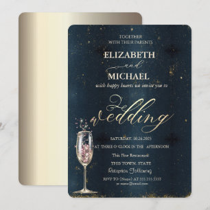 Elegant Gold Champagne Glass Dark Blue Wedding Invitation