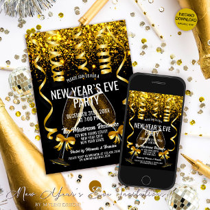 Elegant Gold Champagne Glasses New Year's Eve Invitation