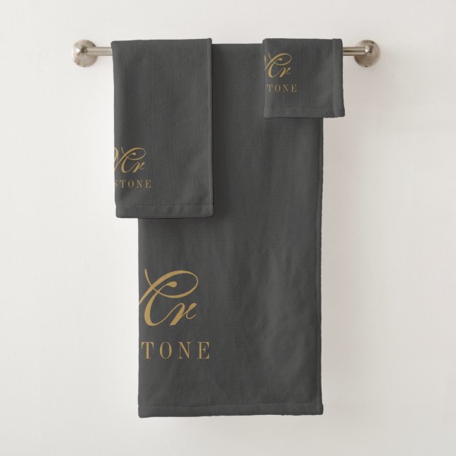 Elegant Gold Charcoal Mr Name Bath Towel Set (Insitu)