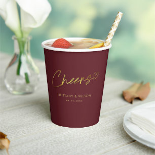 Elegant Gold Cheers Personalised Burgundy Wedding Paper Cups