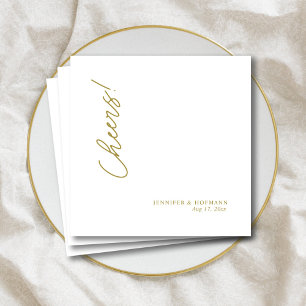 Elegant Gold "Cheers!" Personalised White Wedding Napkin