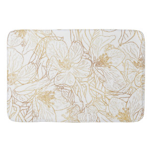 Elegant Gold Cherry Blossom Flowers White Design Bath Mat