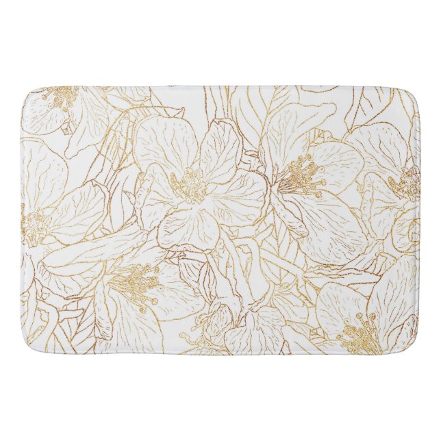 Elegant Gold Cherry Blossom Flowers White Design Bath Mat (Front)