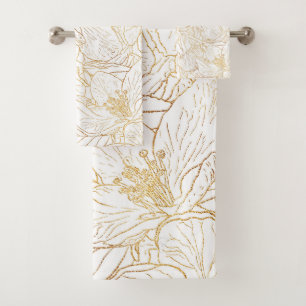 Elegant Gold Cherry Blossom Flowers White Design Bath Towel Set