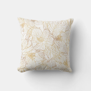 Elegant Gold Cherry Blossom Flowers White Design Cushion