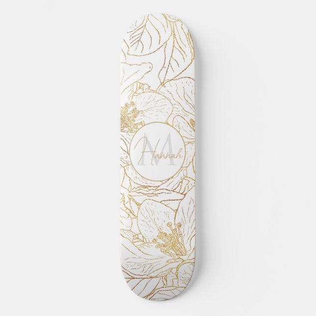 Elegant Gold Cherry Blossom Flowers White Design Skateboard (Front)