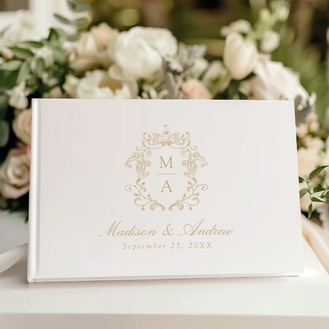 Elegant Gold Chinoiserie Crest Monogram Wedding Guest Book (Creator Uploaded)