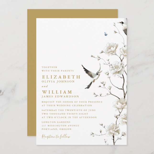 Elegant Gold Chinoiserie Floral Garden Wedding Invitation (Front/Back)