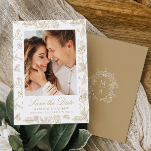 Elegant Gold Chinoiserie Floral Photo Wedding Save The Date