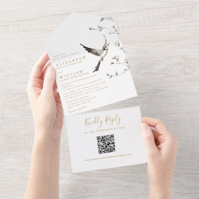 Elegant Gold Chinoiserie Floral QR Code Wedding All In One Invitation (Tearaway)