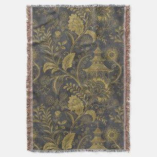 Elegant Gold Chinoiserie Floral Vintage Pagoda Throw Blanket