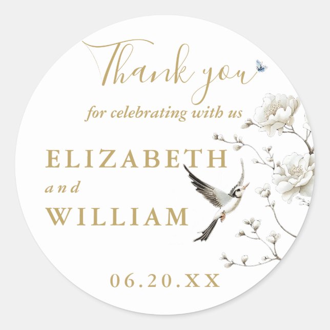 Elegant Gold Chinoiserie Floral Wedding Thank You Classic Round Sticker (Front)