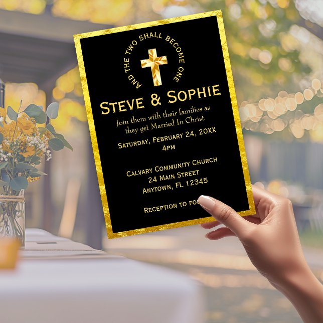 Elegant Gold Christian Cross Black Wedding Invitation (Elegant Gold Christian Cross Black Wedding Invitation)