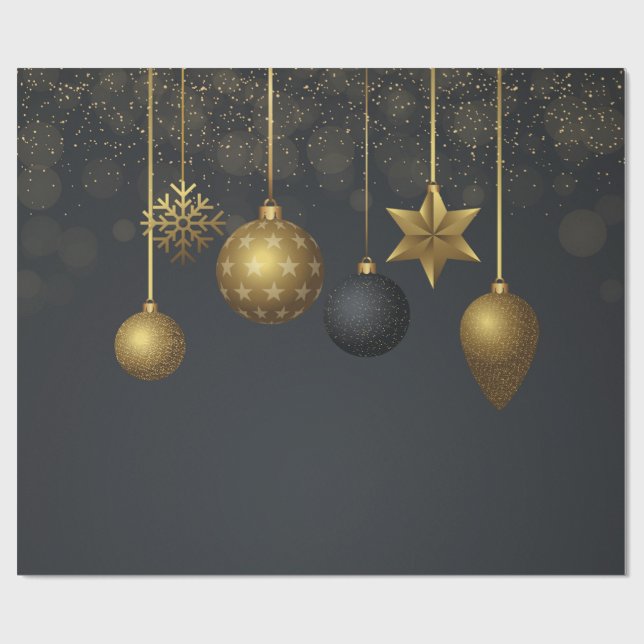 Elegant Gold Christmas Balls Dark Holiday Wrapping Paper (Flat)