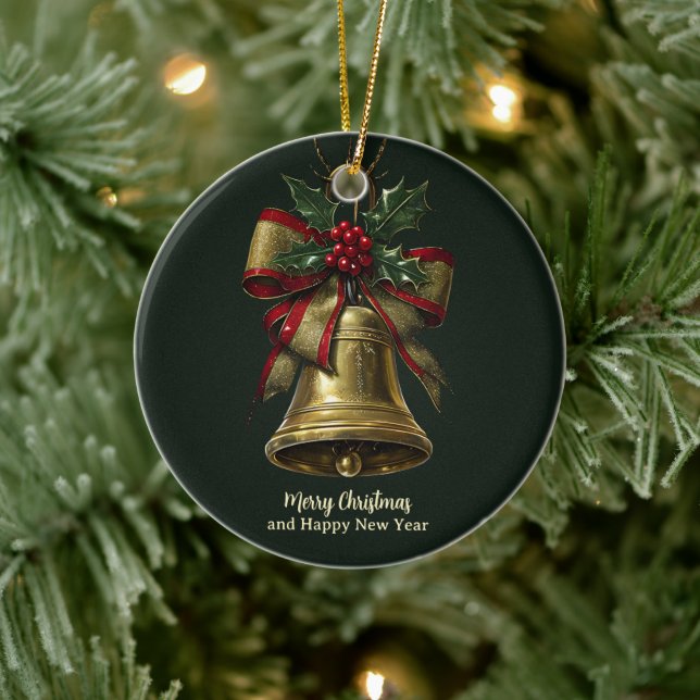 Elegant Gold Christmas Bell with Festive Bow Holly Ceramic Ornament (Tree)