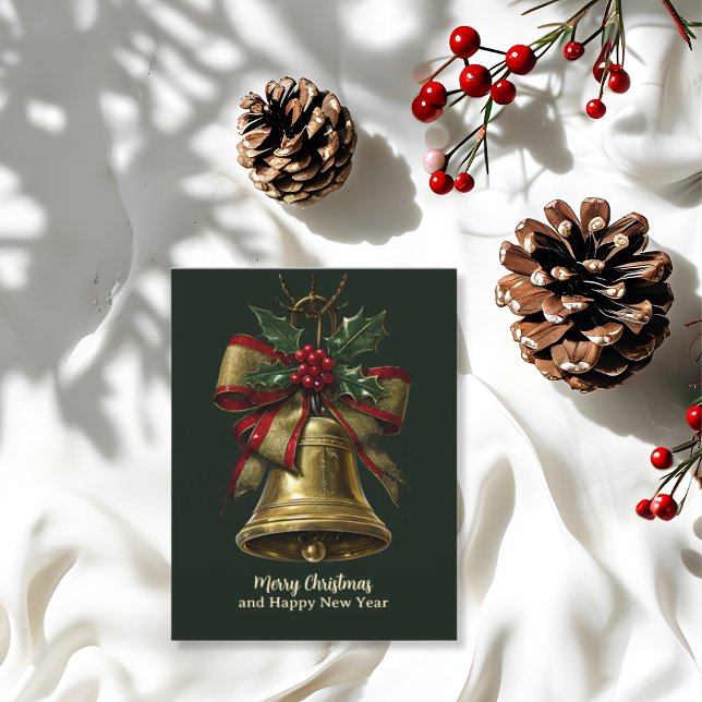 Elegant Gold Christmas Bell with Festive Bow Holly Holiday Card (Creator Uploaded)