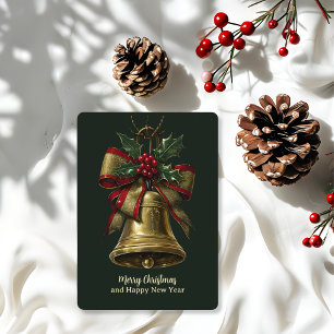 Elegant Gold Christmas Bell with Festive Bow Holly Holiday Card