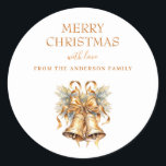 Elegant Gold Christmas Bells Custom Classic Round Sticker<br><div class="desc">Introducing our elegant Christmas holiday sticker label, the perfect addition to your holiday gift packaging. Our label features two elegant gold bells, which symbolise the joy and cheer of the holiday season. The words "Merry Christmas" are written in a beautiful typography font, adding a touch of sophistication and elegance to...</div>