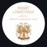 Elegant Gold Christmas Bells Custom Classic Round Sticker<br><div class="desc">Introducing our elegant Christmas holiday sticker label, the perfect addition to your holiday gift packaging. Our label features two elegant gold bells, which symbolise the joy and cheer of the holiday season. The words "Merry Christmas" are written in a beautiful typography font, adding a touch of sophistication and elegance to...</div>