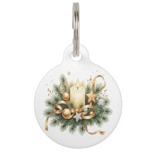 Elegant Gold Christmas Candle & Pine Holiday Pet Tag