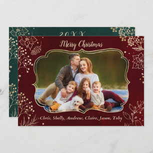 Elegant Gold Christmas Floral 2 Photo Frame Holiday Card