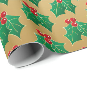 Elegant Gold Christmas Holly Gift Wrap