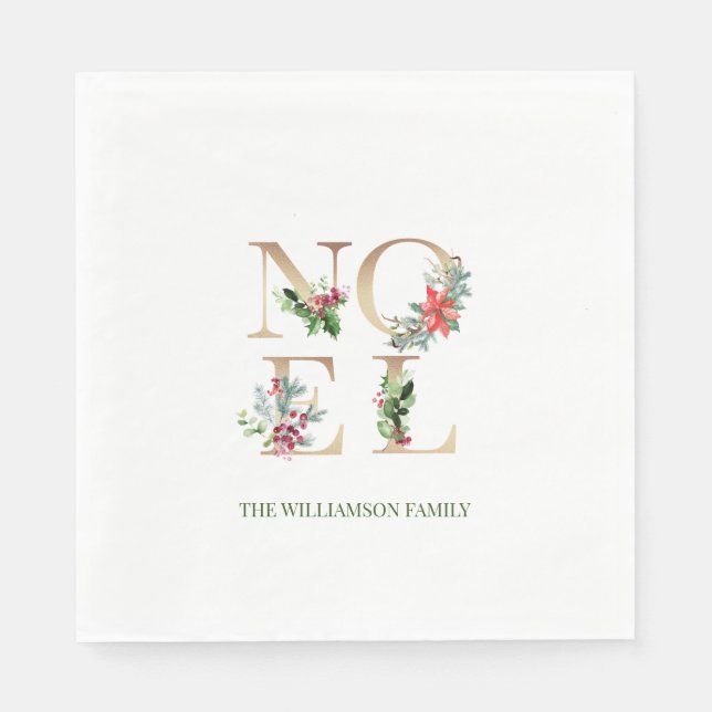 Elegant Gold Christmas Noel Greenery Floral Napkin (Front)