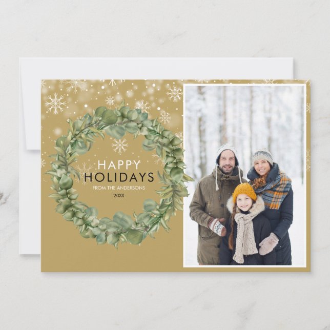 Elegant Gold Christmas Photo Greenery Wreath Happy Holiday Card (Front)
