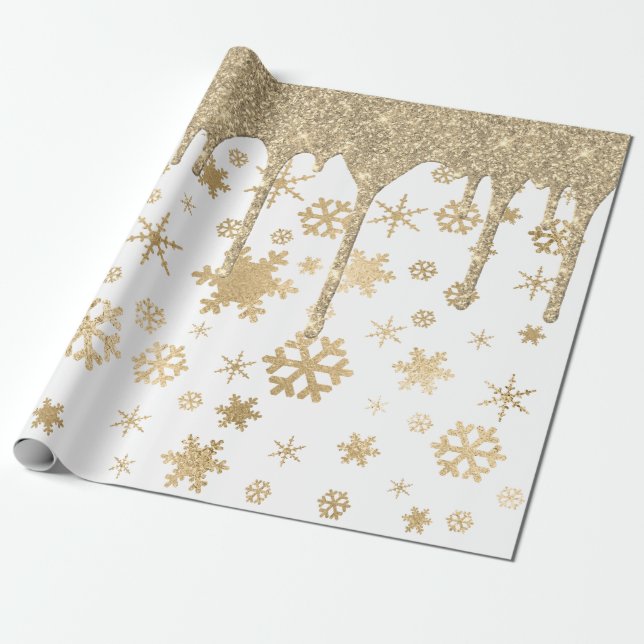 Elegant Gold Christmas Snowflake Pattern Dripping Wrapping Paper (Unrolled)