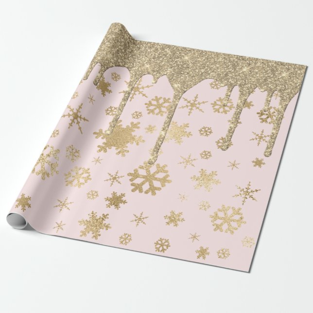 Elegant Gold Christmas Snowflake Pattern Dripping Wrapping Paper (Unrolled)