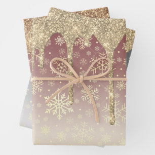 Elegant Gold Christmas Snowflake Pattern Dripping Wrapping Paper Sheet