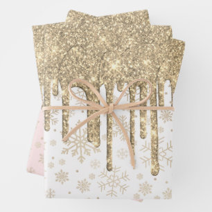 Elegant Gold Christmas Snowflake Pattern Dripping Wrapping Paper Sheet