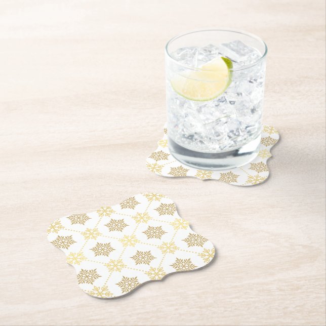 Elegant Gold Christmas Snowflakes Pattern Paper Coaster (Insitu)