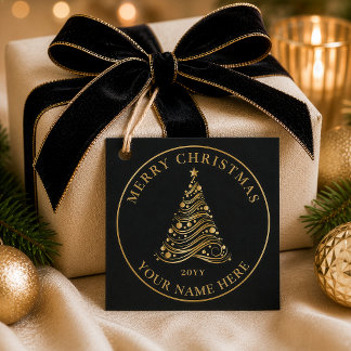 Elegant Gold Christmas Tree Black Holiday Gift Favour Tags