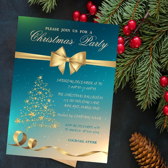 Elegant Gold Christmas Tree ,Bow Christmas Party Invitation (Creator Uploaded)