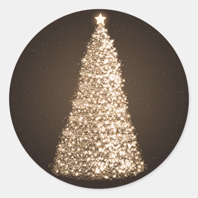 Elegant Gold Christmas Tree Brown Classic Round Sticker (Front)