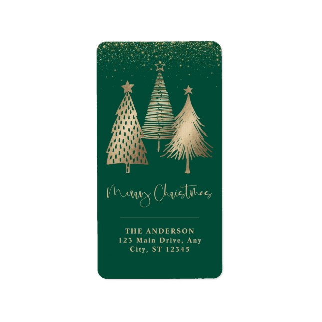 Elegant Gold Christmas Tree Glitter Snow Label (Front)