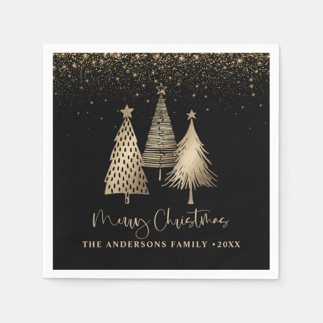 Elegant Gold Christmas Tree Glitter Snow Napkin (Front)