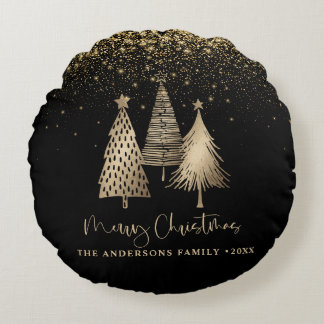 Elegant Gold Christmas Tree Glitter Snow Round Cushion