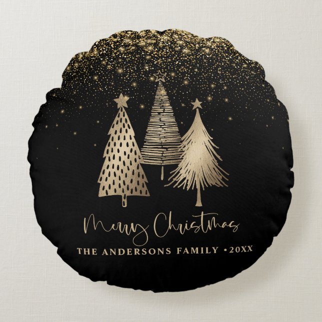 Elegant Gold Christmas Tree Glitter Snow Round Cushion (Front)