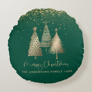 Elegant Gold Christmas Tree Glitter Snow Round Cushion