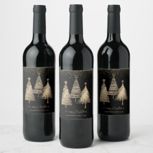 Elegant Gold Christmas Tree Glitter Snow Wine Label